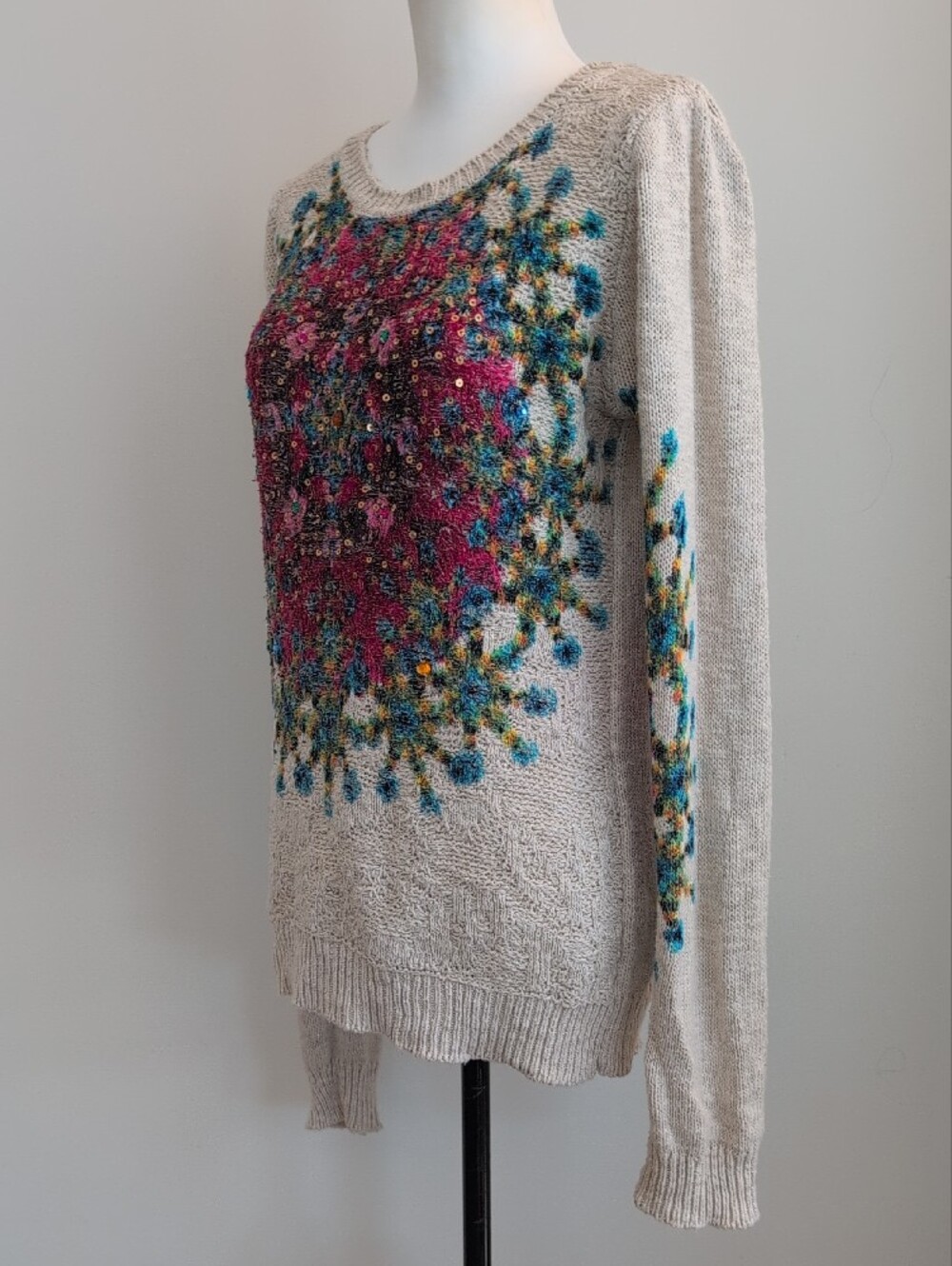 Vintage Desigual Mandala Sequin Knit Pullover Sweater Boho Chic XLARGE - Picture 7 of 10